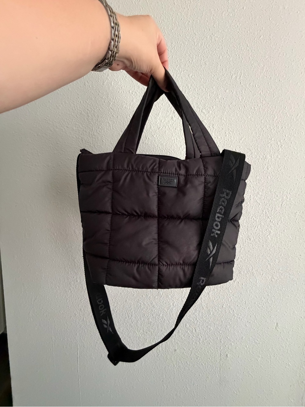 Reebok Black Quilted Messenger Tote with Logo Strap